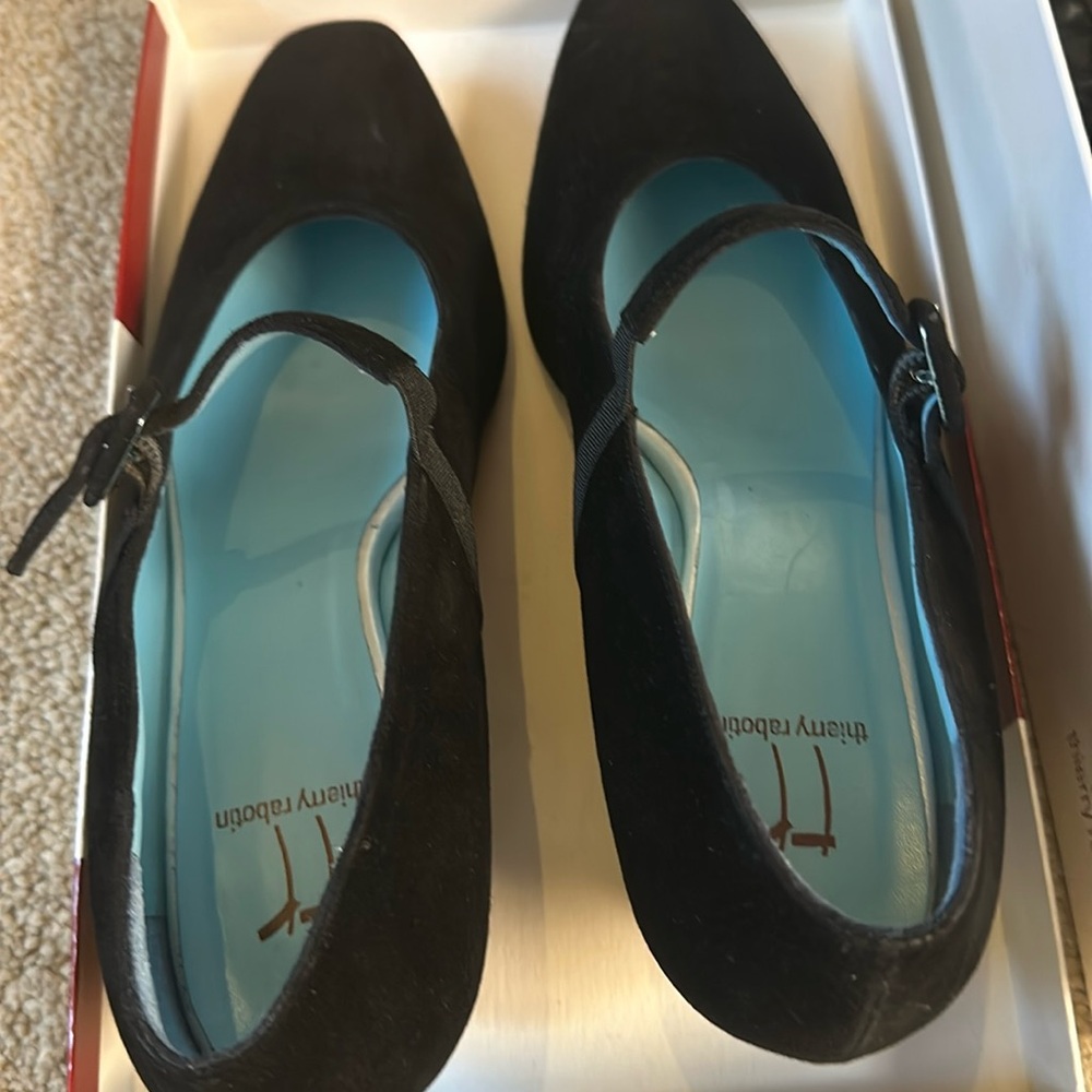 Black suede Thierry Rabotin pumps with strap & small heel